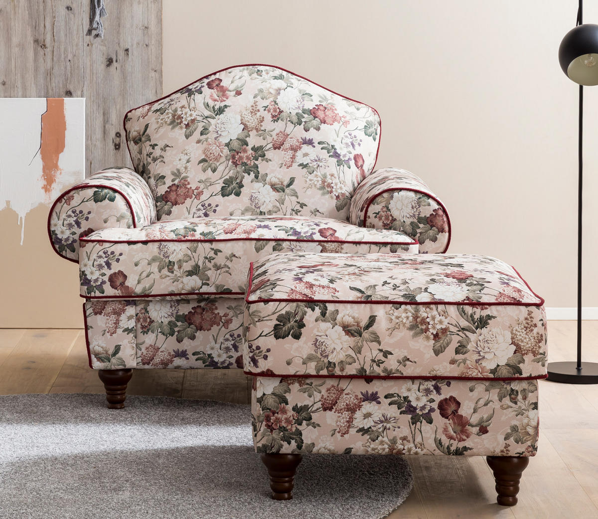 SESSEL SET 2-teilig creme Landhaus, Blumen Design 110 cm, Kombination mit Hocker - Rot/Multicolor, Holz/Textil (110/96/155cm) - Furn.Design