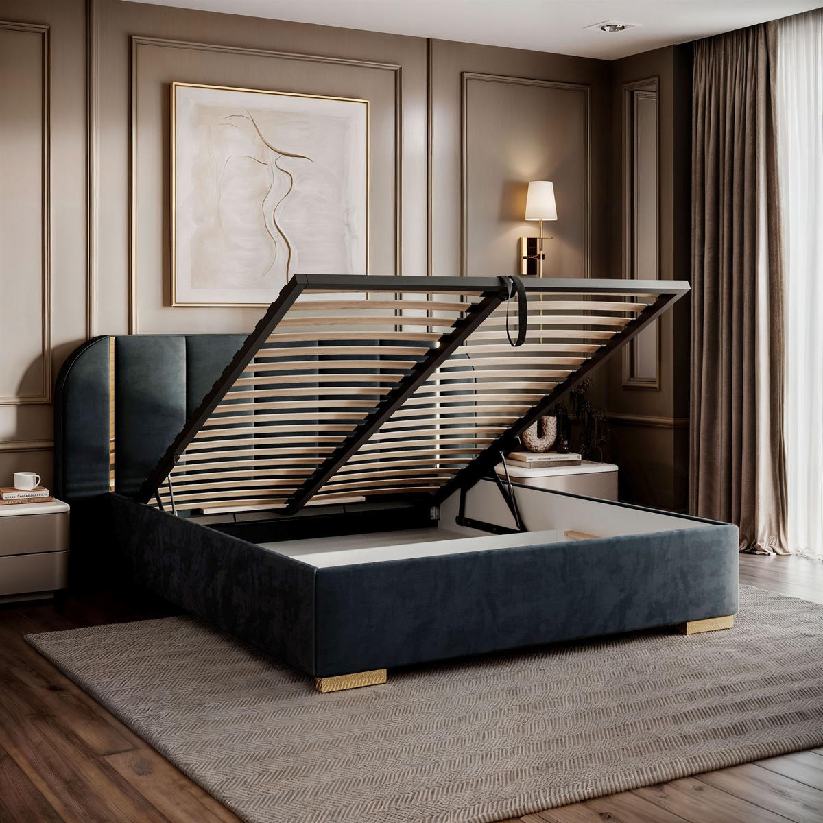 BETT AMARA GOLD 160x200 gepolstert mit Stauraum und Lattenrost, Royal Velvet 223 - Blau, Textil (160/200cm) - Lookway