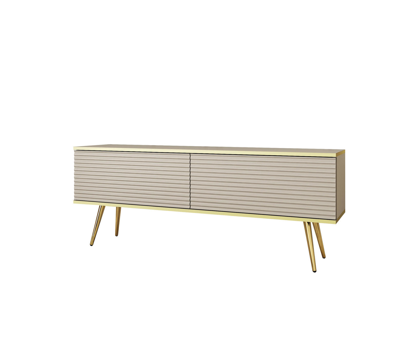 TV-BOARD FORNO (Beige, Rillenfront, Goldene Details, 2 Klapptüren, goldene Metallfüße, 135 cm) - Gelb/Beige, Holz/Holzwerkstoff (135/53/32cm) - Ravio