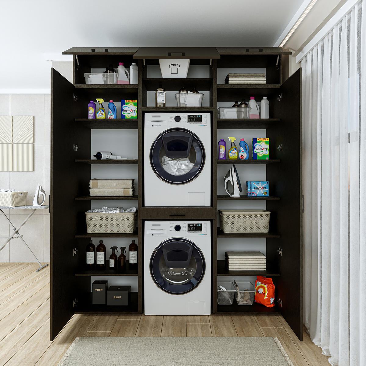 WASCHMASCHINENSCHRANK DUO-I 187cm Breit, 240cm Hoch - Schwarz, Holzwerkstoff (187/240/67cm)