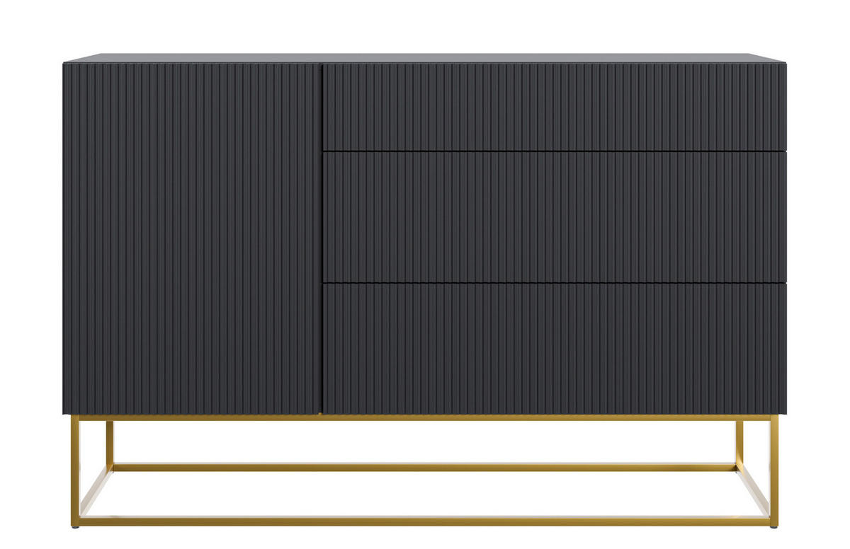 SIDEBOARD Veldio Schwarz mit 3 Schubladen 140 cm - Goldfarben/Schwarz, Holzwerkstoff/Metall (140/90/38cm) - Selsey