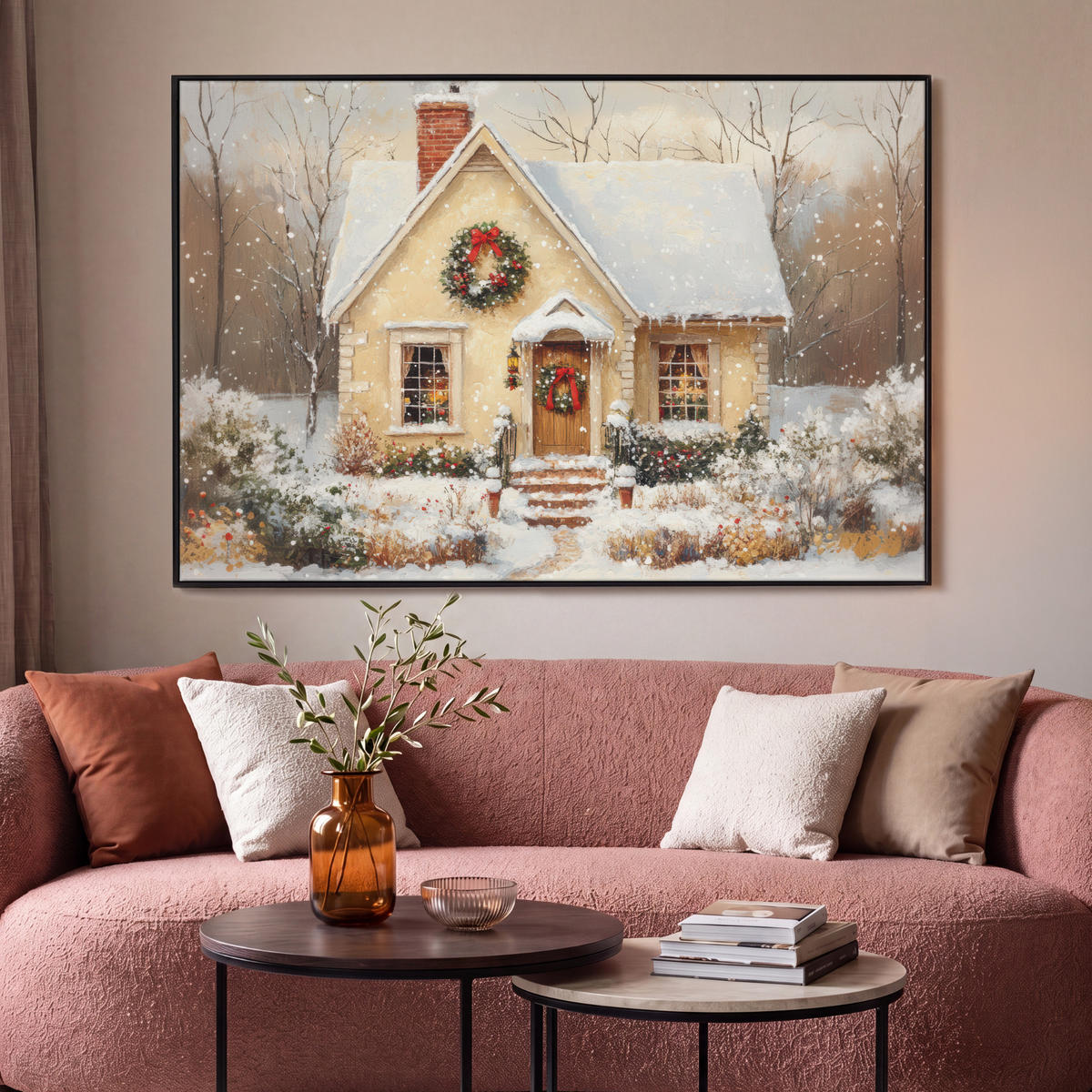LEINWAND Bilder mit Rahmen - Weihnachten - Zuhause - Winter - Schnee - 140x90 - Creme, Textil (140/90cm) - MuchoWow