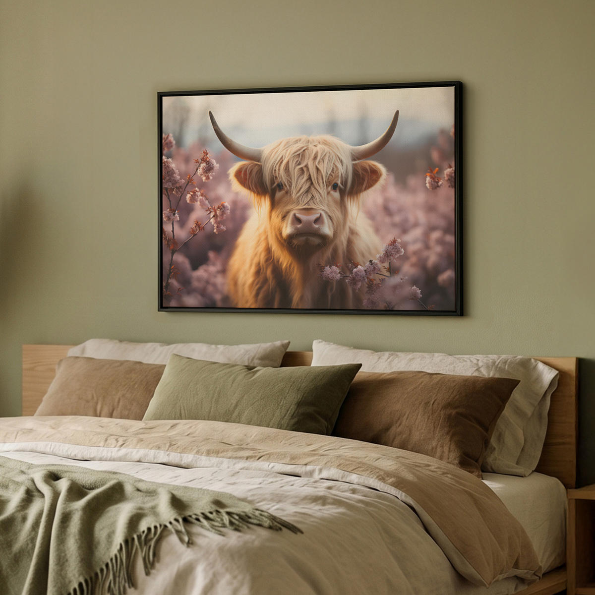 LEINWAND Bilder mit Rahmen - Schottischer Hochländer - Frühling - Hochland - 70x50 - Hellrosa, Textil (70/50cm) - MuchoWow