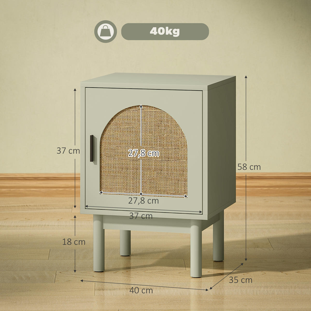 NACHTSCHRANK 2er-Set DE-12925 geflochtene Tür und verstellbares Regal Hellgrün - Grün, Holzwerkstoff (35/58/40cm) - ComfortXL