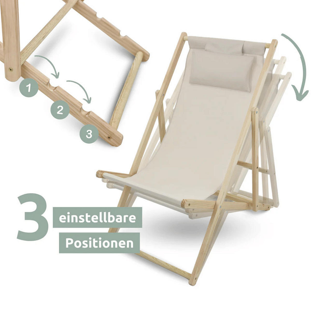 SONNENLIEGE Holz klappbar FRIEDA 2er Set Liegestuhl Creme - Creme, Holz (59/80/90cm) - DELUKE