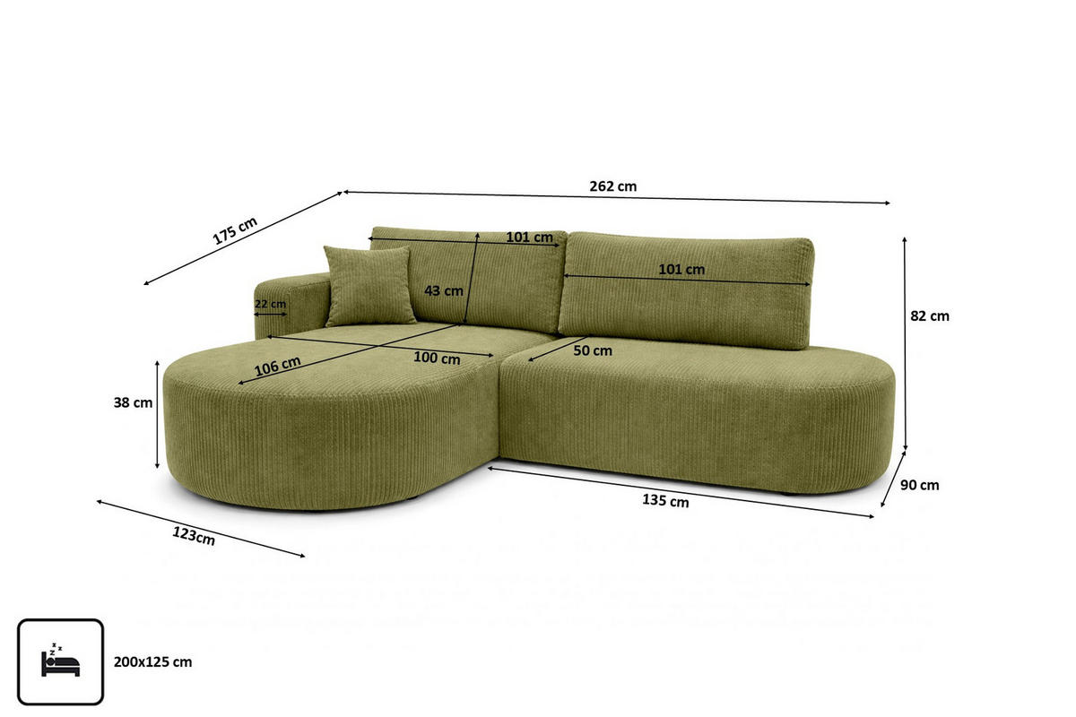 ECKSOFA Mit Schlaffunktion Und Bettkasten, Cordstoff Poso, Olive, Links, ROUND ONE OPEN XL - Olivgrün, Holz (262/175cm) - Kaiser Möbel
