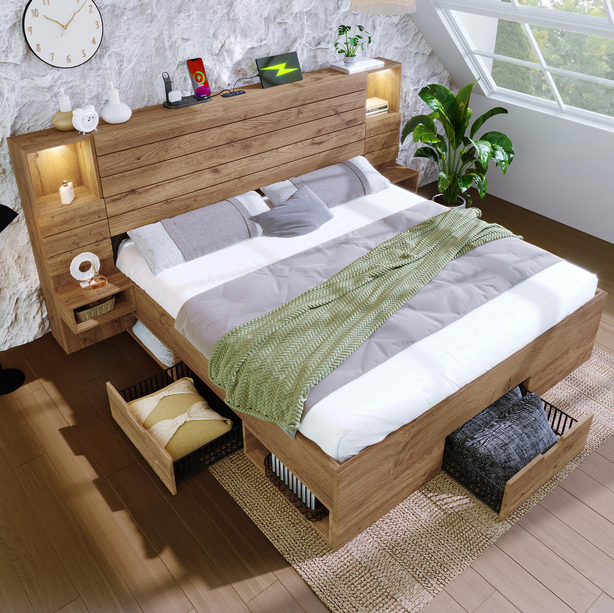 ZAKONSKA postelja iz lesa in MDF 160x200 cm hrastova z LED osvetlitvijo, USB in Type-C priključki, predali za shranjevanje - barve hrasta, leseni material (160/200cm) - Modfu