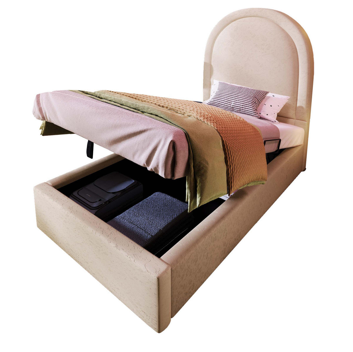 KINDERBETT Polsterbett 90/200 cm aus PU mit Stauraum und 7-Zonen-Matratze Beige - Beige, Leder (90/200cm) - Modenvie
