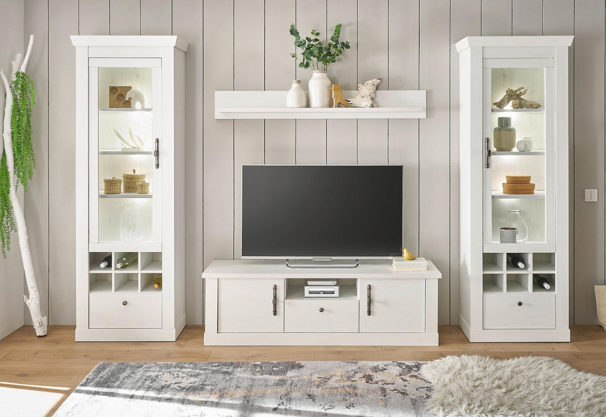 TV-LOWBOARD weiß Pinie Landhaus, TV Unterteil 155 cm, Soft-Close-Funktion - Weiß, Holzwerkstoff/Kunststoff (158/51/45cm) - Furn.Design