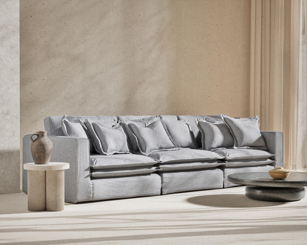 6-SITZER SOFA Amalfi Grau Webstoff - Schwarz/Grau, Holz/Holzwerkstoff (338/90/119cm) - Maison de Reve