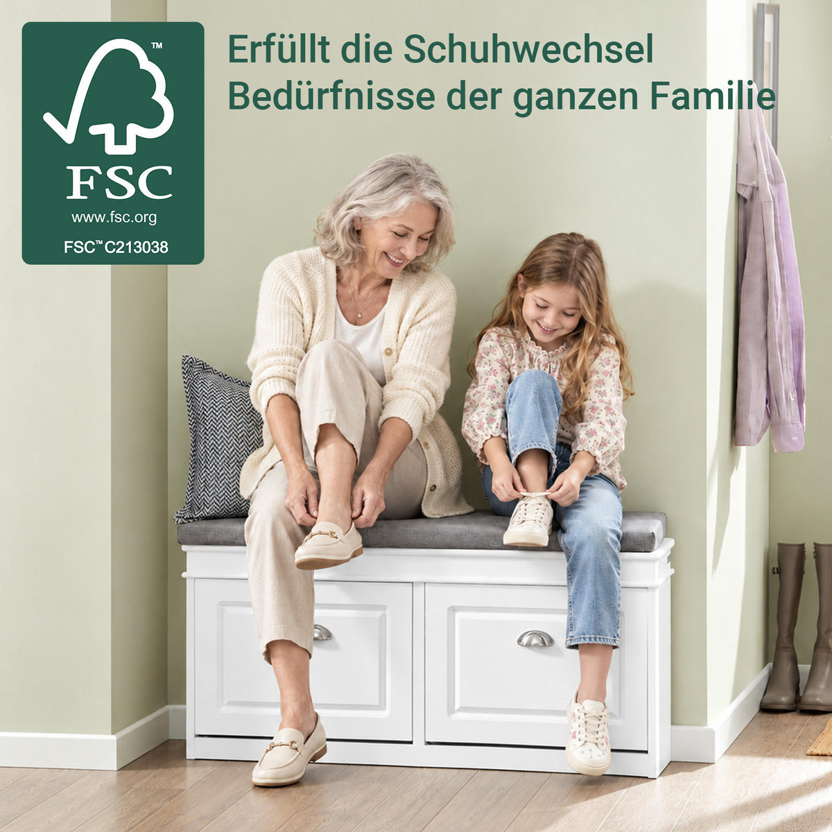 SCHUHBANK weiß, 104x52x24 cm, 2 Klappen für 8 Paar, Sitzpolster, bis 150 kg, schmal für Flur & Diele - Weiß, Holzwerkstoff (104/52/24cm) - SoBuy