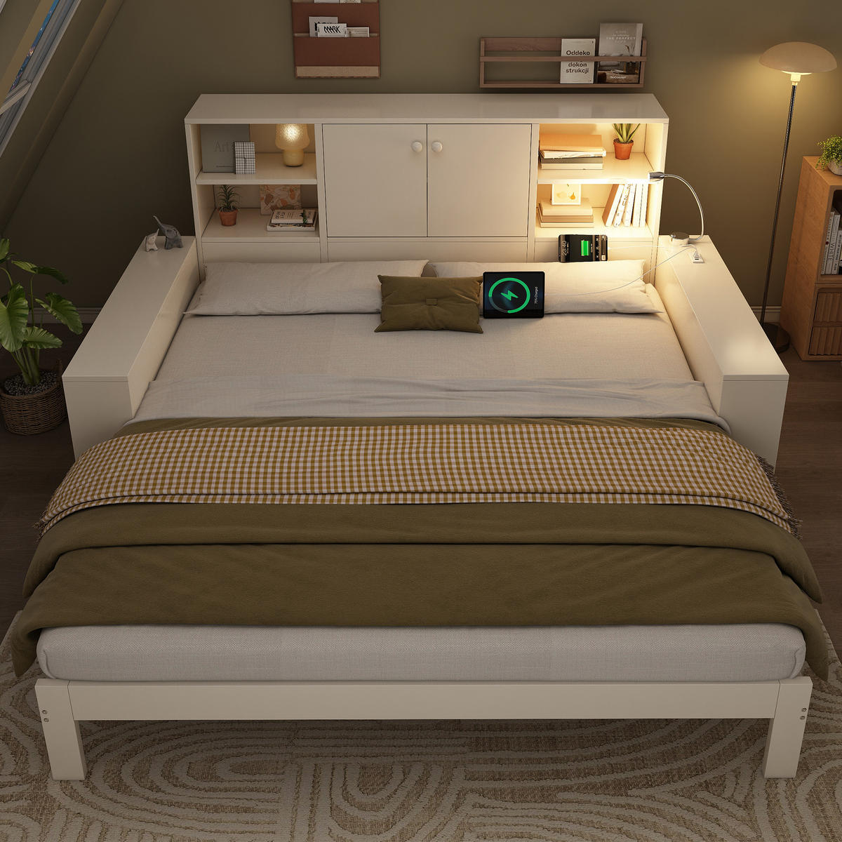 JUGENDBETT Tagesbett 90/200 cm aus MDF und Sperrholz mit Ausziehbett Stauraum und USB-Anschlüssen Weiß - Weiß, Holzwerkstoff (90/200cm) - Modenvie