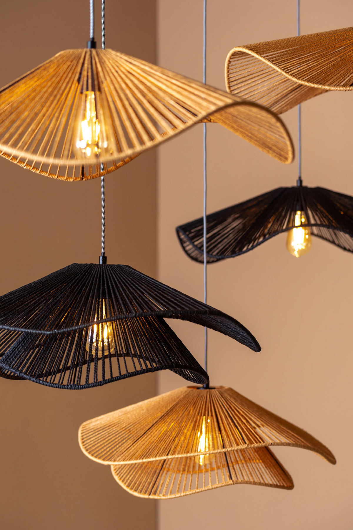 HANGELAMPE Sombra Double 60/60/22 cm - Schwarz, Naturmaterialien (60/60/22cm) - Leitmotiv
