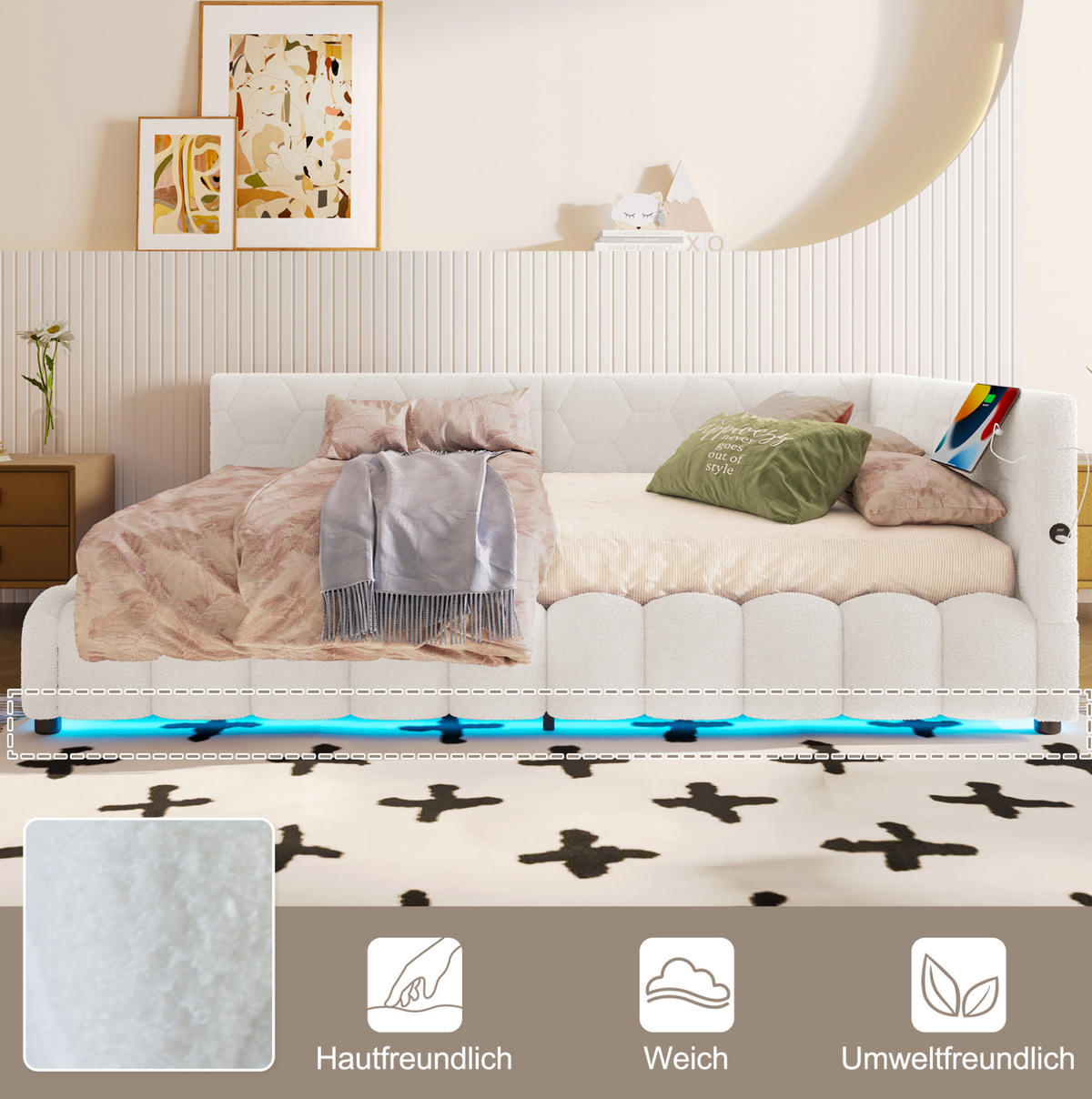 POLSTERBETT 140/200 cm mit Bettkasten, LED-Beleuchtung und USB/Typ-C - Weiß, Textil (140/200cm) - BEAOK