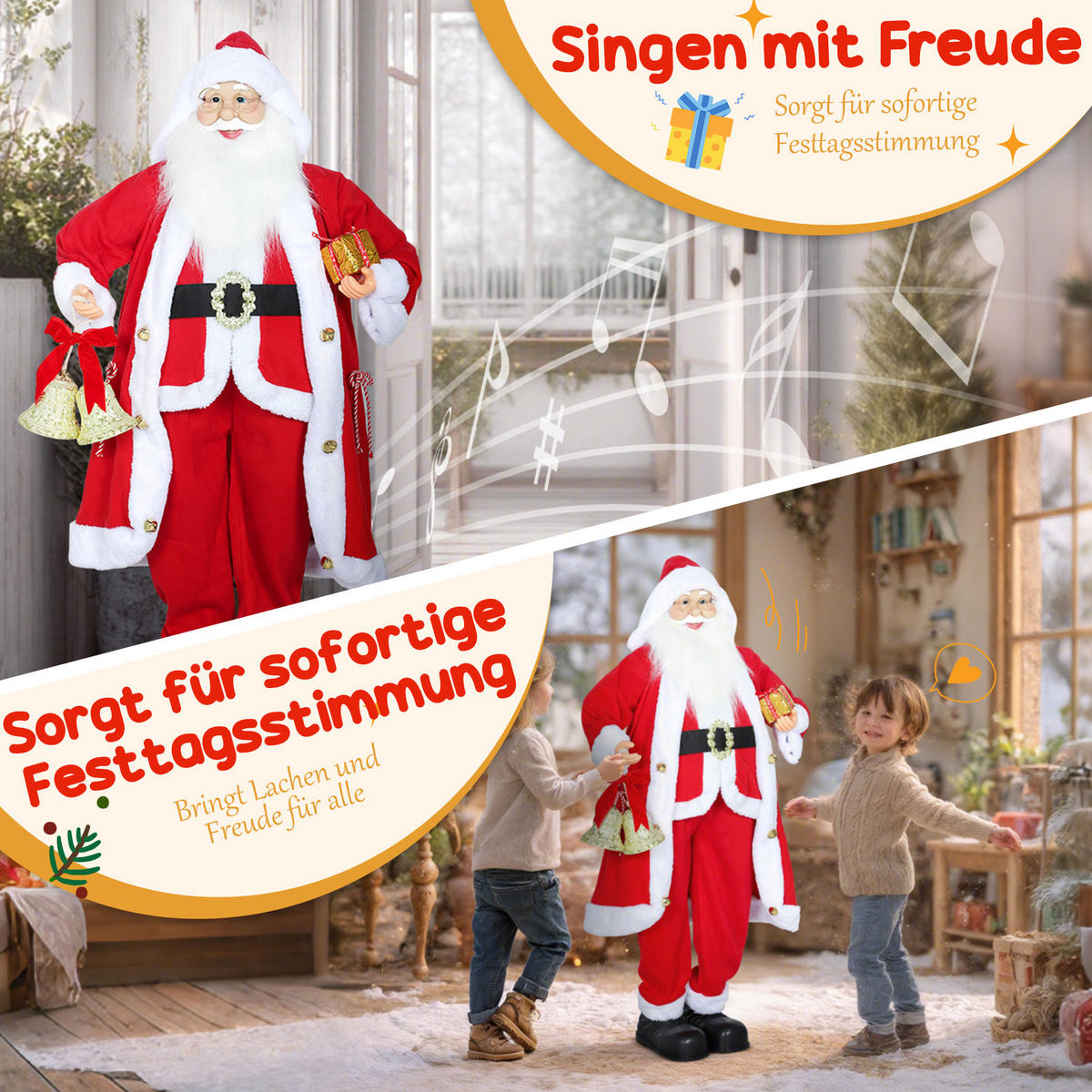 WEIHNACHTSMANN 1,15 m stehende Weihnachtsmann mit Geschenk- und Weihnachtsglock - Rot, Textil (30/115/45cm) - HOMCOM