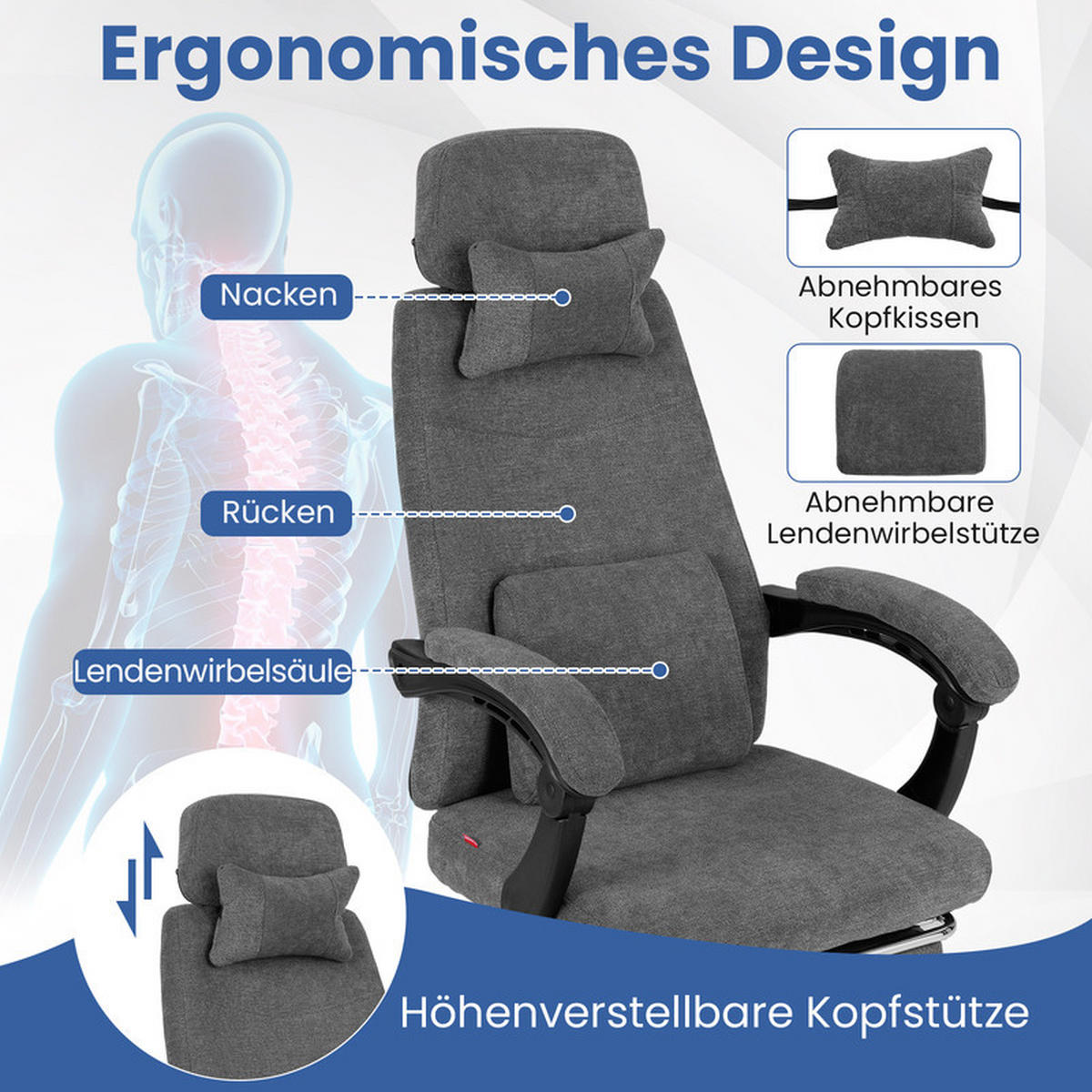BÜROSTUHL mit ausziehbarer Fußstütze grau - Grau, Metall (100/119/66cm) - COSTWAY