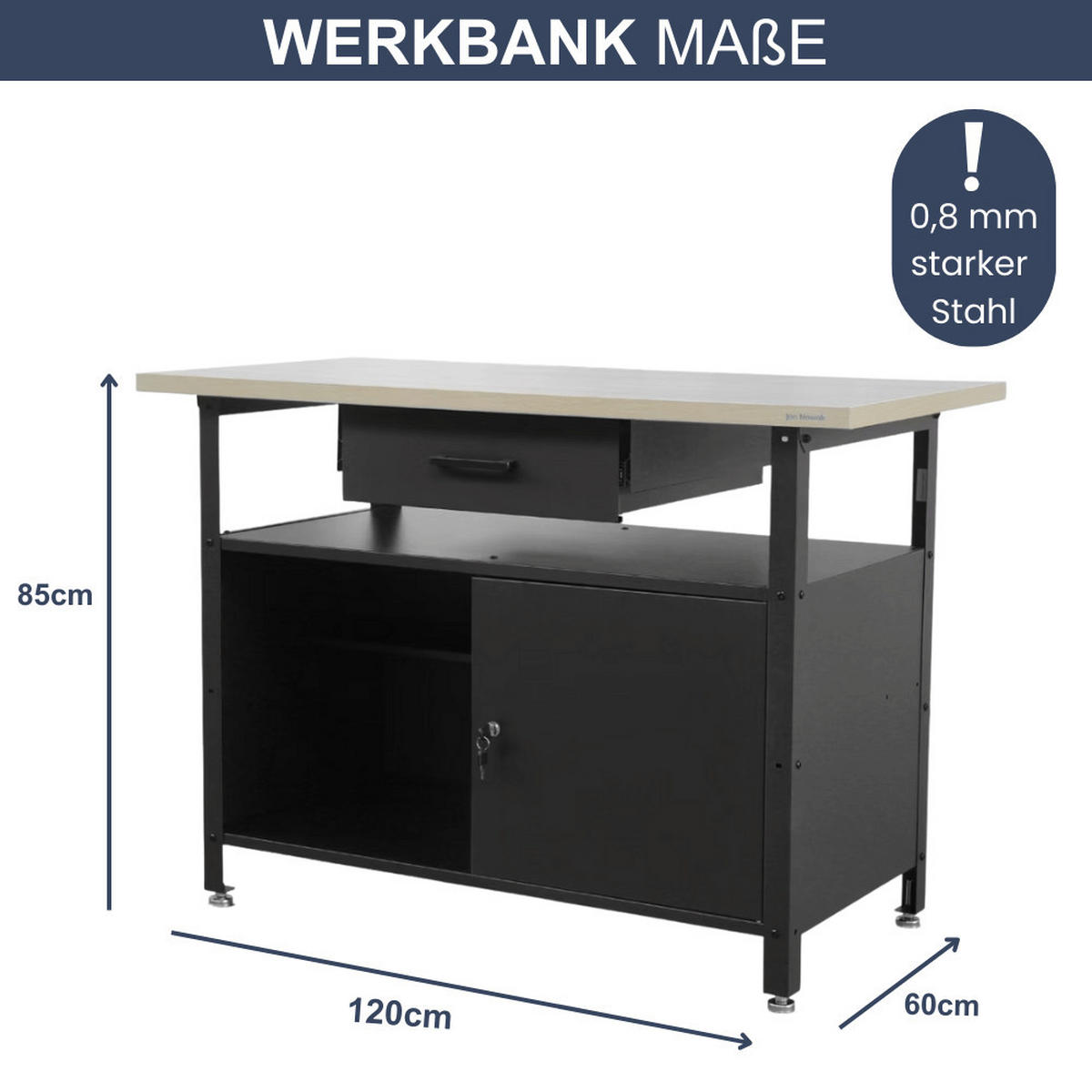 WERKBANK Werkstatt ERWA 85x120x60cm Schwarz - Schwarz, Metall (120/85/60cm) - DELUKE