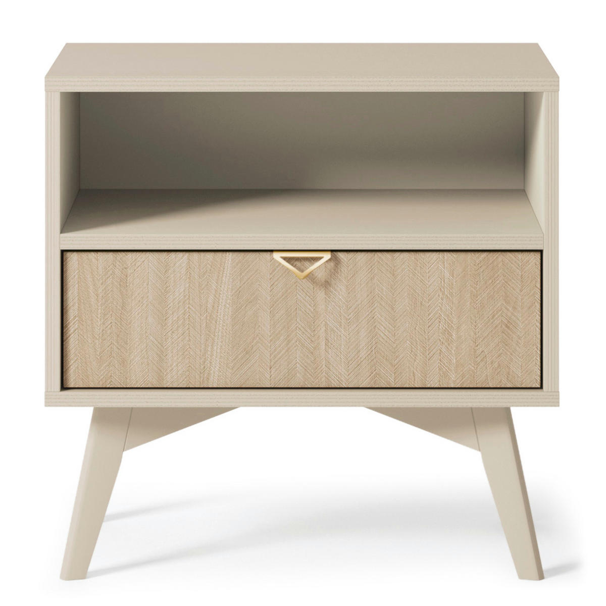NACHTTISCH TOFINO STO1-1S Holzbeine Beige Fischgrätenmuster - Eichefarben/Beige, Holz/Holzwerkstoff (54/54/38cm) - Komodee