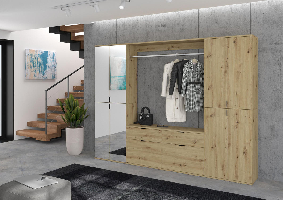 KOMMODE + Garderobenstange Projekt X Garderobe in Artisan Eiche Nachbildung B/H/T: 121x62x34 cm - Eiche Artisan, Holzwerkstoff (121/61/34cm)