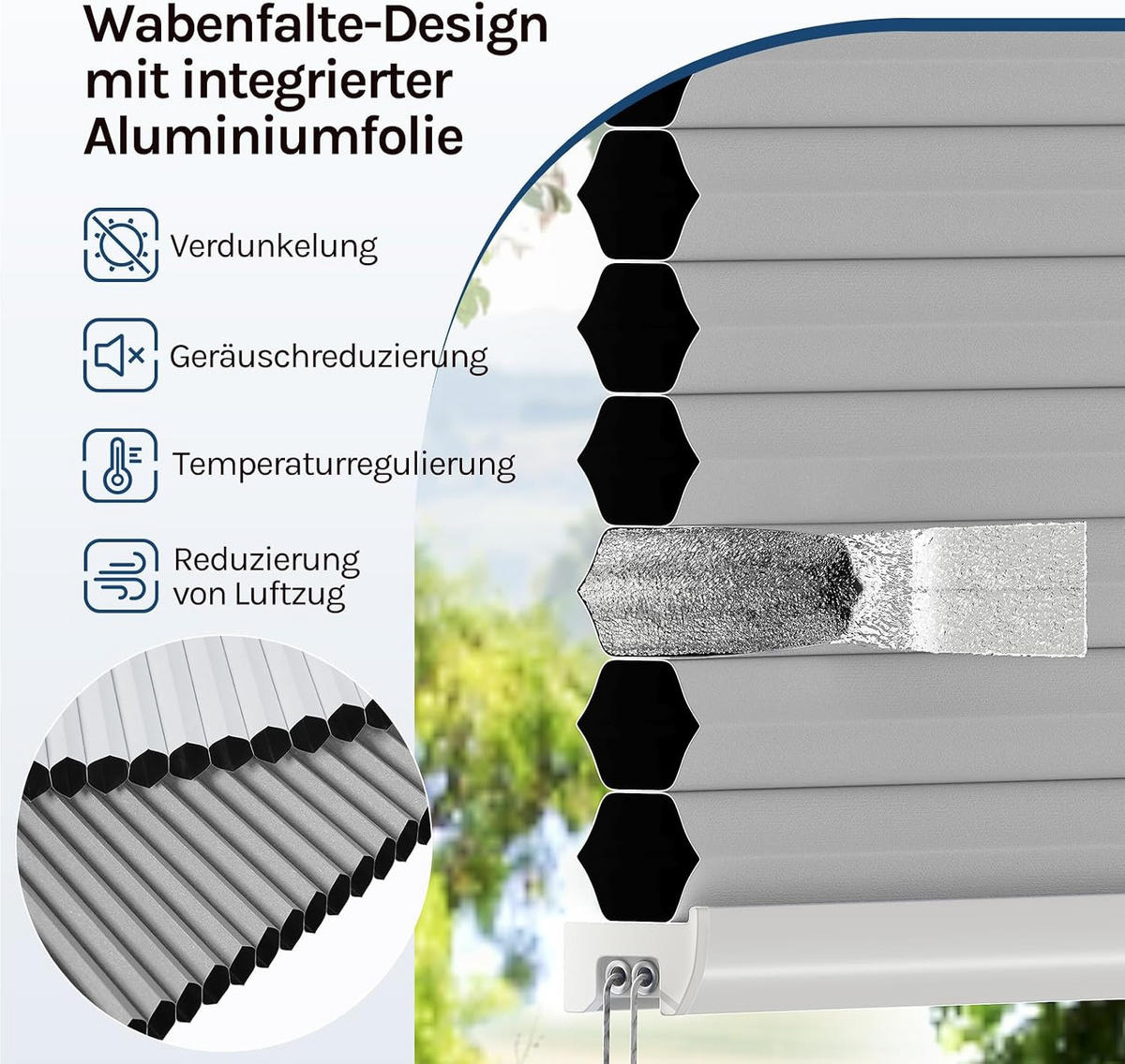 WABENPLISSEE ohne Bohren Verdunkelung 110 x 130 Grau-Weiß - Grau, Kunststoff (110/130/2cm) - Woltu