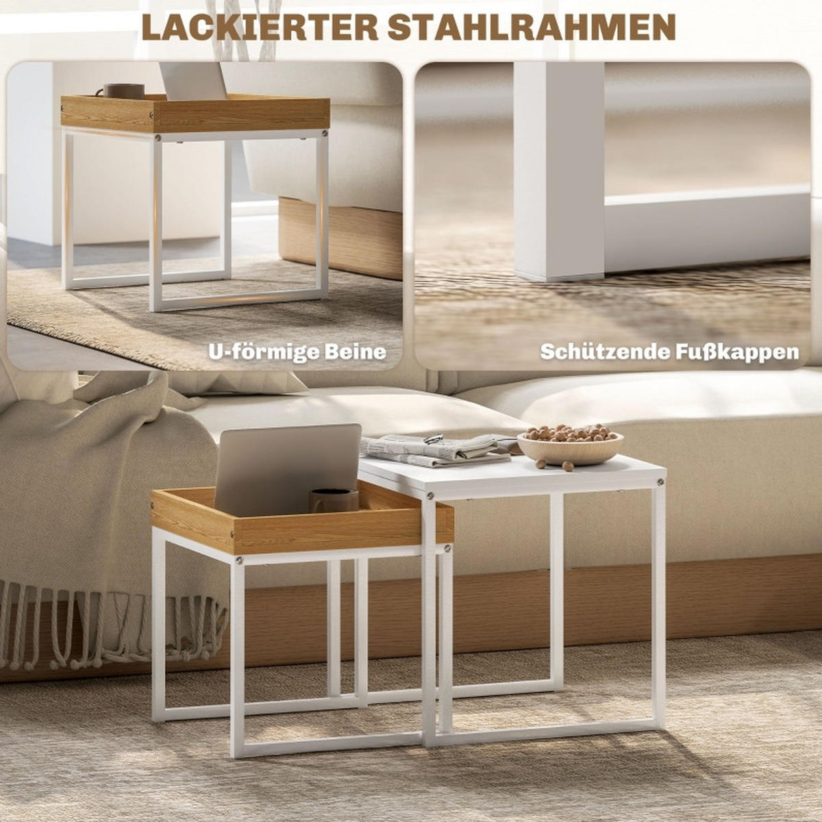 COUCHTISCH 45/45/45 cm, 2er-Set in Weiß mit Tablett und Stahlgestell - Weiß, Metall (45/45/45cm) - Flora Grace