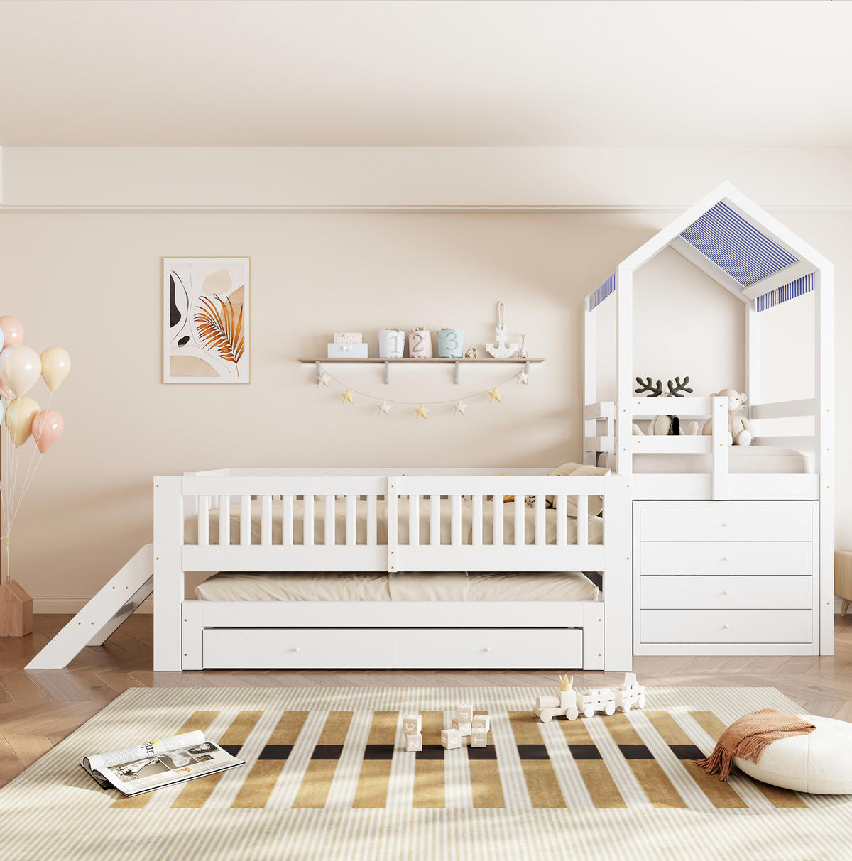 KINDERBETT aus Massivholz 90x200 cm Weiß mit Ausziehbett, Stauraumtreppe und Schubladen - Weiß, Holz (90/200cm) - IVMEU