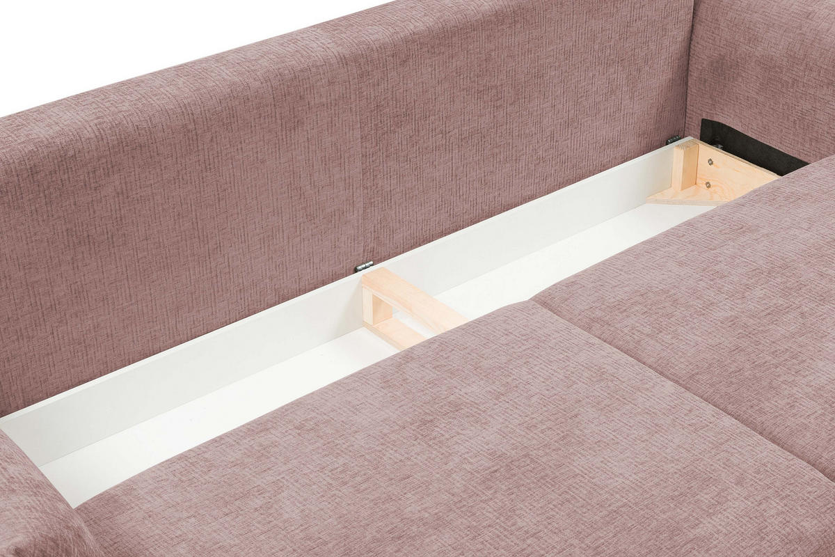 SOFA ADEL - Schlaffunktion Und Bettkasten, Wellenfederung, PUR-Schaum, Schwarze Metallfüße lose Rückenkissen, freistehend, 240x108x75 cm Pink - Pink, Holz/Textil (240/75/108cm) - DomoHome