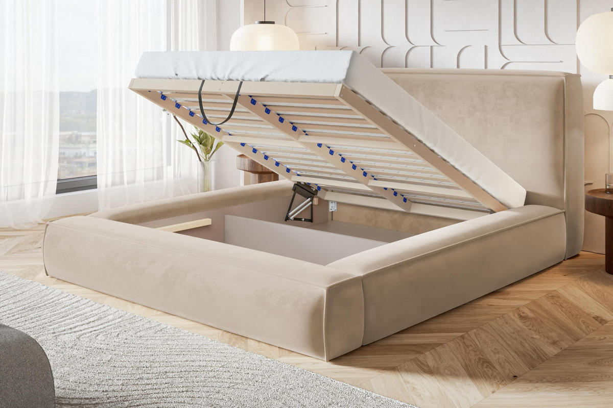 BETT 140x200 - Polsterbett mit Bettkasten und Holzrahmen - Modern Bett - Eleganter Catch-Me-Stoff - Kollektion Luna Maxi - Weiß - Weiß, Holz/Textil (140/200cm) - Alpi-Möbel