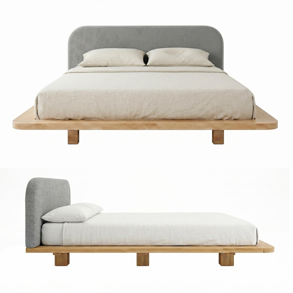 MASSIVHOLZBETT Eyko BORA, 180/200, Buche - lackiert, Samt-Kopfteil Grau - Buchefarben/Grau, Holz/Textil (180/200cm)