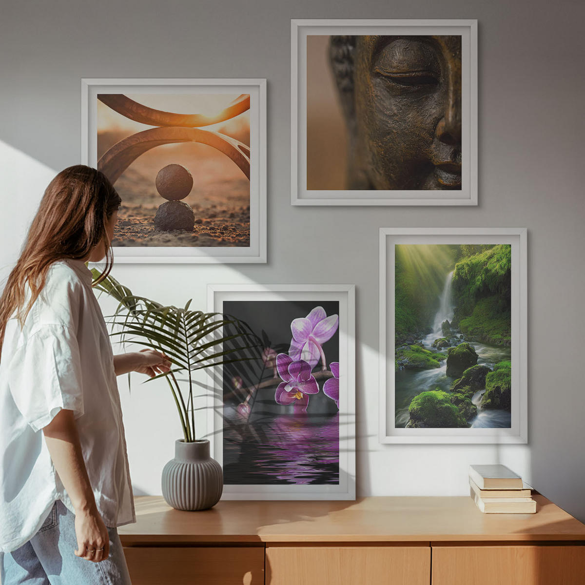 BILDER SET 4er Set - 50x50 cm & 40x60 cm Weißer Rahmen - Blumen im Wasser des Buddha-Wasserfalls - Weiß, Kunststoff (50/50cm) - TULUP