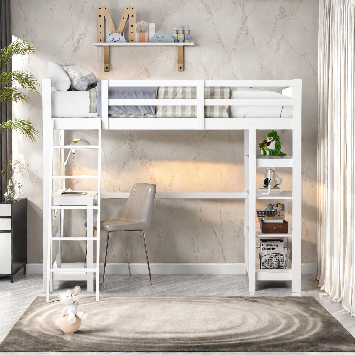 HOCHBETT 90x200 cm mit Schreibtisch & Regalen, Lattenrost, Weiß - Weiß, Holz