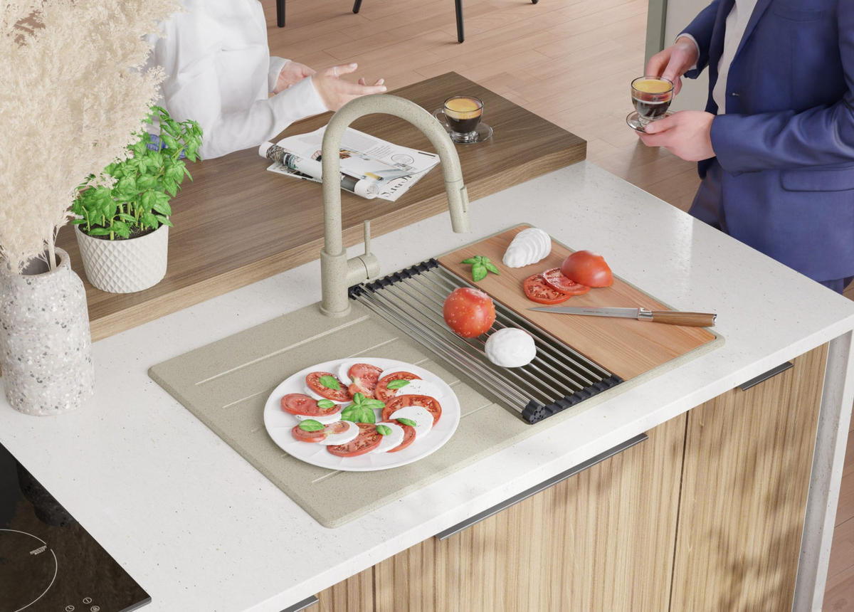 SPÜLBECKEN Kopenhagen, 2-er set Beige 78/50 cm 1 Becken + Ablauf-Set + Schneidebrett ab 50er Unterschrank - Chromfarben/Beige, Kunststoff (78/20/50cm) - Primagran