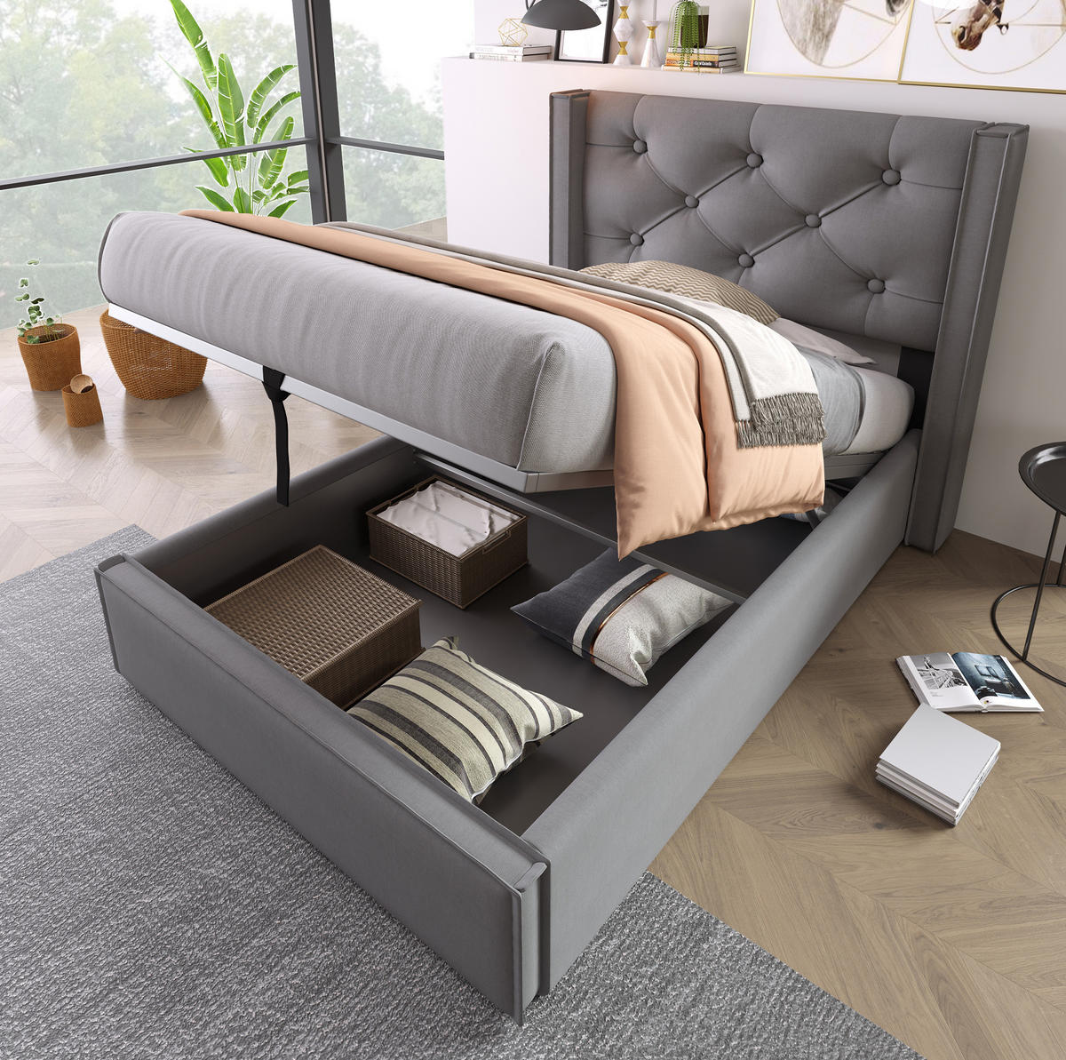 POLSTERBETT 90/200 cm Grau aus Baumwolle mit Stauraum und hochklappbarem Lattenrost - Grau, Textil (90/200cm) - OKWISH