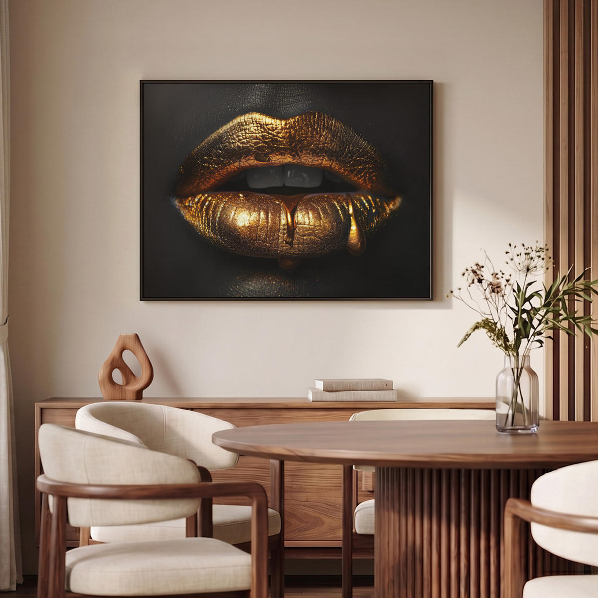 LEINWAND Bilder mit Rahmen - Frau - Porträt - Lippen - Gold - Schwarz - 100x70 - Schwarz, Textil (100/70cm) - MuchoWow