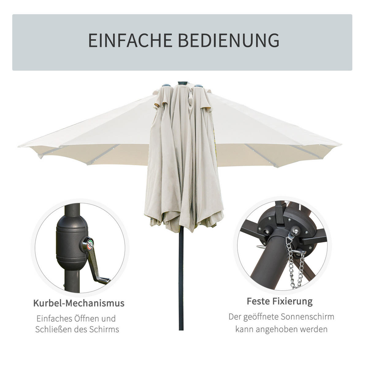 SONNENSCHIRM mit LED, Doppelsonnenschirm, Gartenschirm, Marktschirm, Oval, Metall, Cremeweiß - Weiß, Metall (440/260cm) - Outsunny
