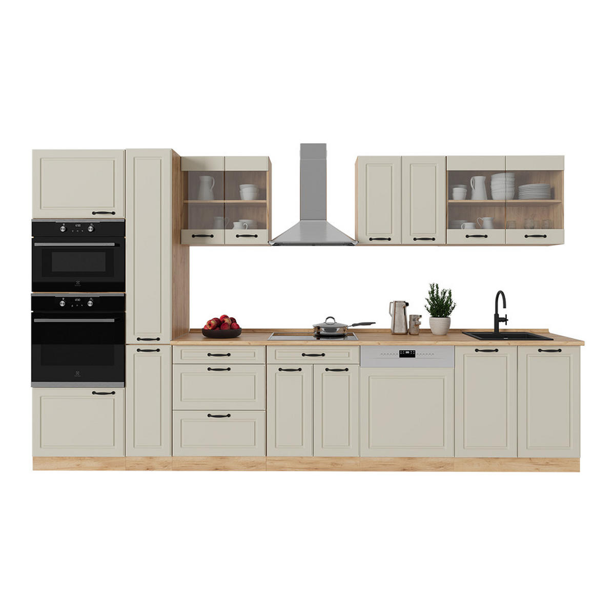 KÜCHENZEILE R-Line, Sand Landhaus/Goldkraft Eiche, 350 cm Arbeitsplatte Anthrazit - Honigeiche/Beige, Holzwerkstoff (350/206.8/60cm) - Vicco