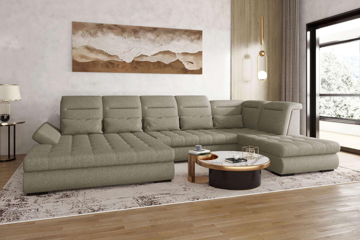 WOHNLANDSCHAFT Toscana Strukturstoff inkl. Schlaffunktion - Hellbraun, Textil (208/87/358cm) - 99rooms