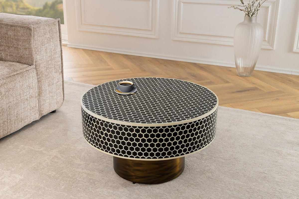 COUCHTISCH HARMONY NATURE Eisen rund Schwarz|Weiß 60cm - Goldfarben/Schwarz, Kunststoff/Metall (60/60/35cm) - riess-ambiente