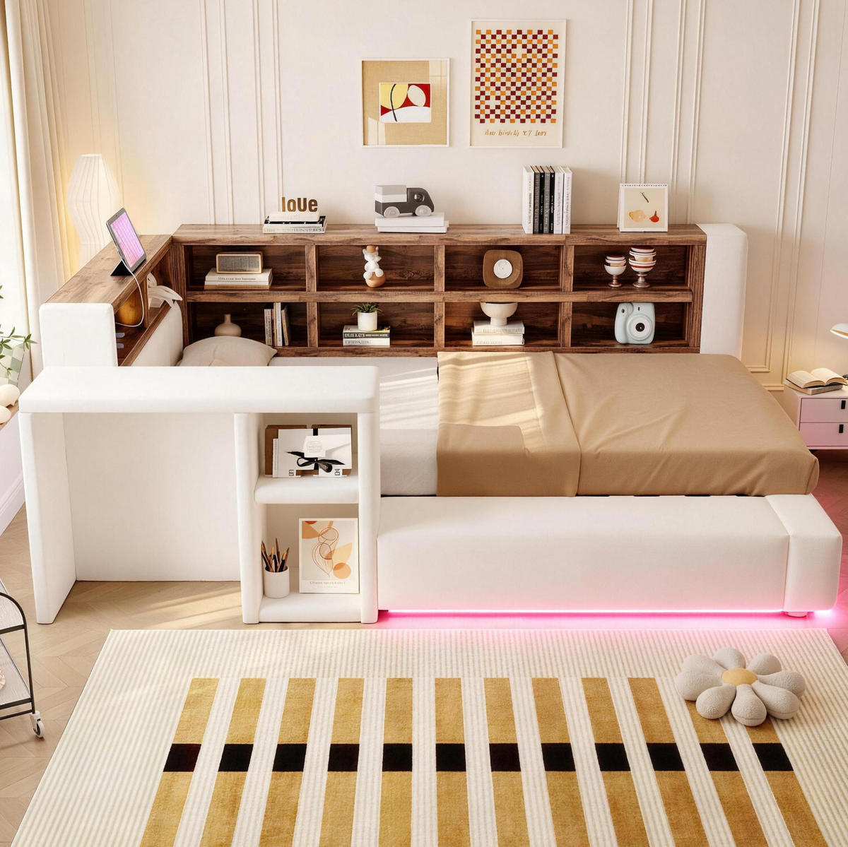 POLSTERBETT 90x200 cm in Beige mit LED-Beleuchtung, Steckdosen und Stauraum - Beige, Textil (90/200cm) - IVMEU