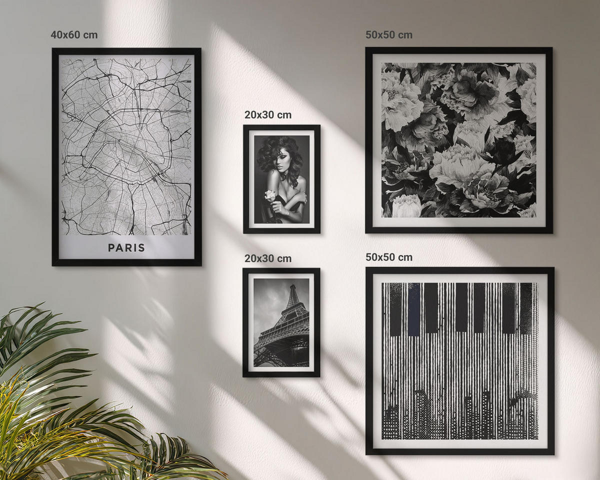 WANDBILDER 5er-Set - 50x50 cm & 20x30 cm & 40x60 cm Schwarzer Rahmen - Porträt einer Frau mit einer Eiffel-Rose - Schwarz, Kunststoff (40/60cm) - ArtPrintCave