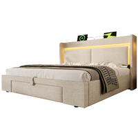POLSTERBETT aus Leinen 140x200 cm Beige mit Bettkasten, LED-Beleuchtung, USB/USB-C und Matratze - Beige, Textil (140/200cm) - IVMEU