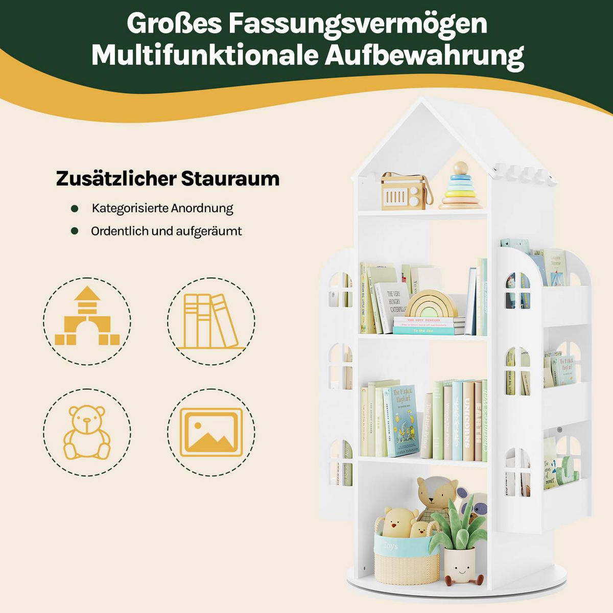 KINDERREGAL mit 4 Ebenen, drehbar, Hausform, Weiß - Weiß, Holzwerkstoff (63/125.5/59cm) - Woltu