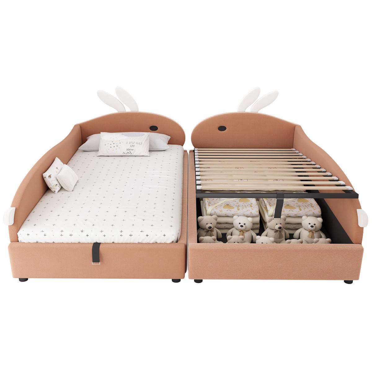 POLSTERBETT 90/200 cm Rosa + Weiß mit Häschen-Kopfteil und hydraulischem Stauraum aus Samt - Dunkelrosa, Textil (90/200cm) - OKWISH