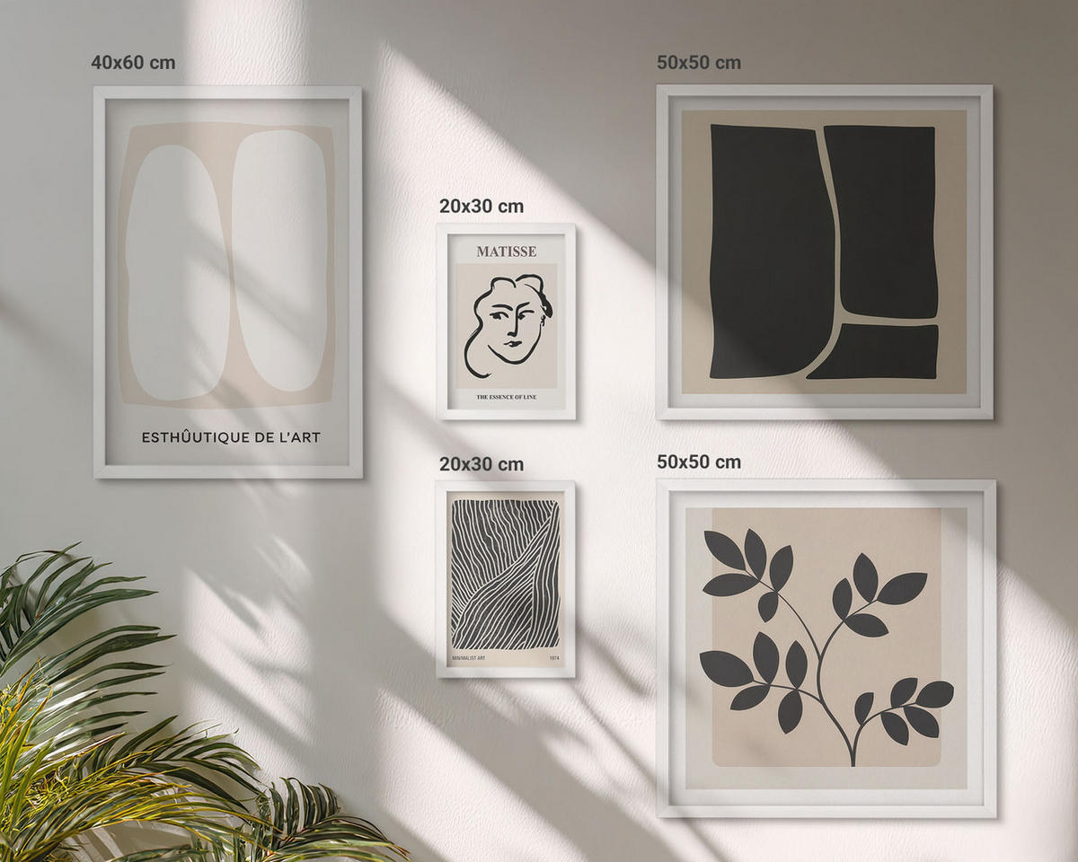 WANDBILDER 5er-Set - 50x50 cm & 20x30 cm & 40x60 cm Weißer Rahmen - Minimalistische Pflanzenmuster - Weiß, Kunststoff (40/60cm) - ArtPrintCave