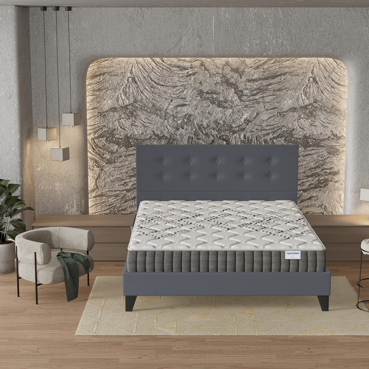 POLSTERBETT und MATRATZE - 120 x 190 cm - Taschenfederkern - 20cm dick - Grau, Naturmaterialien/Holz (120/190cm) - November Sleep