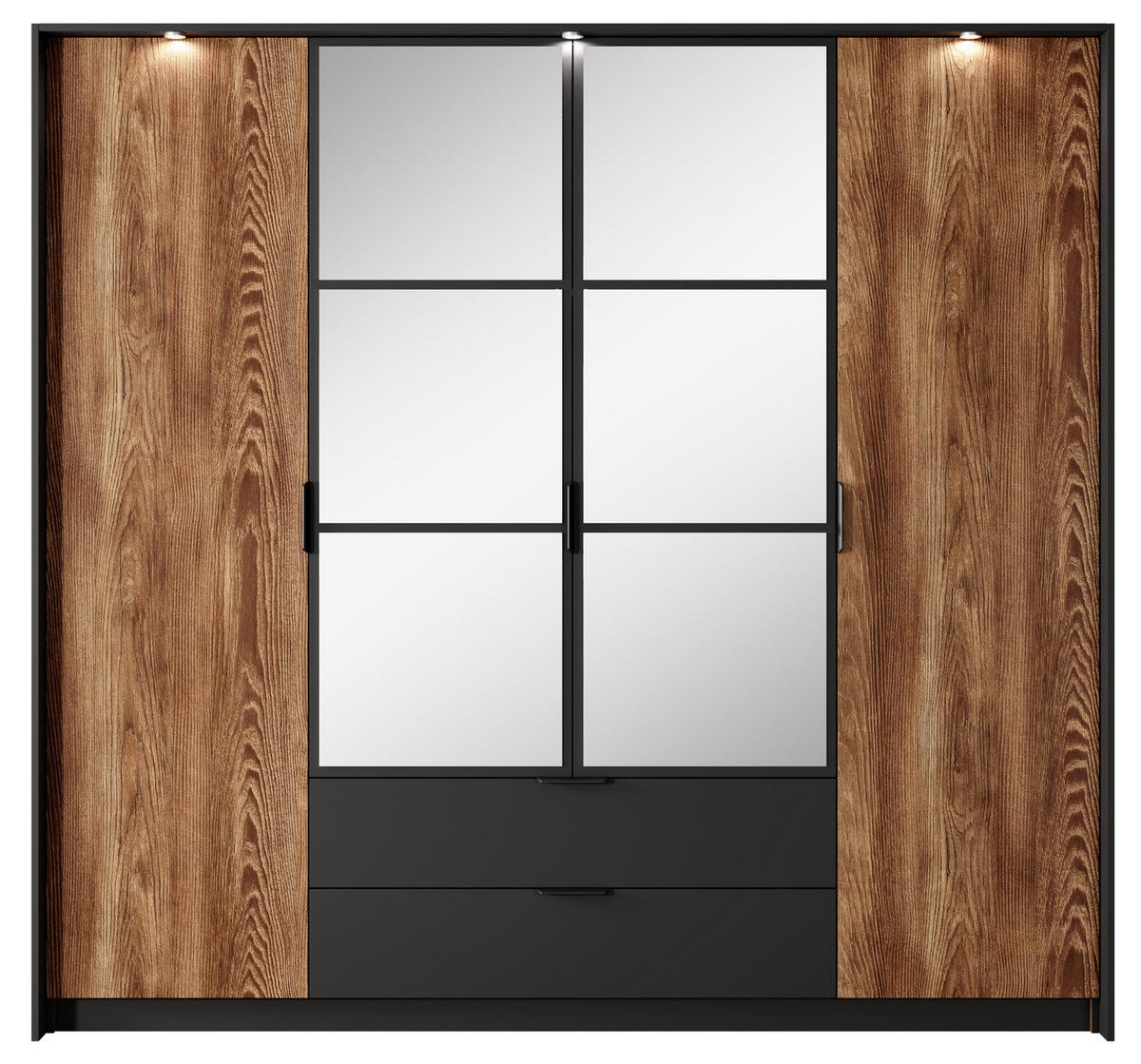KLEIDERSCHRANK 225 cm mit LED Taviano, 4 Türen, Spiegel - Eichefarben, Holz (223/210/59cm) - Emporius