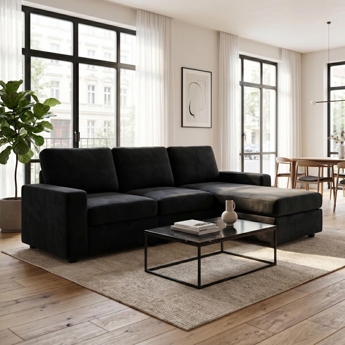 ECKSOFA 245,5/150,5/86,5 cm schwarz aus Polyester mit Stauraum - Schwarz, Kunststoff (245.5/150.5cm) - OKWISH