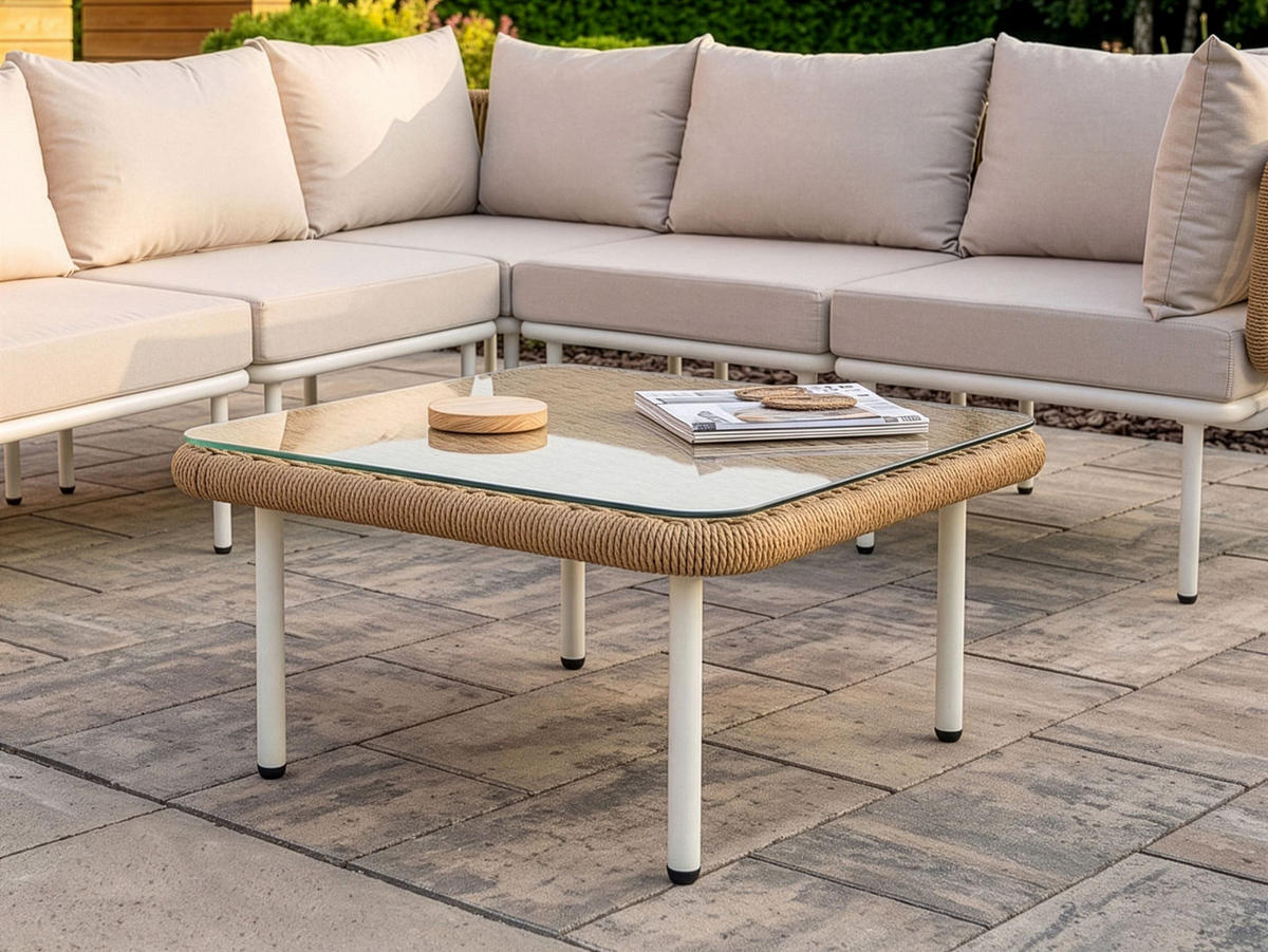 KONFERENČNÍ STOLEK 60 cm 60 cm Světle hnědý Baucina - bílá/hnědá, sklo (60/60/30cm) - Beliani