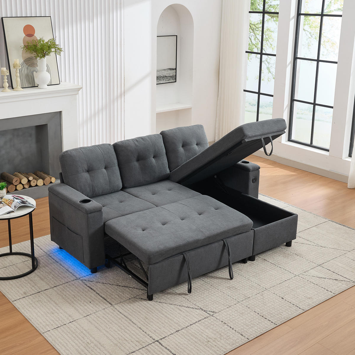 3-SITZER SCHLAFSOFA Vliesstoff Grau mit Stauraum, LED und USB - Grau, Holzwerkstoff/Textil (208/146cm) - WISHDOR