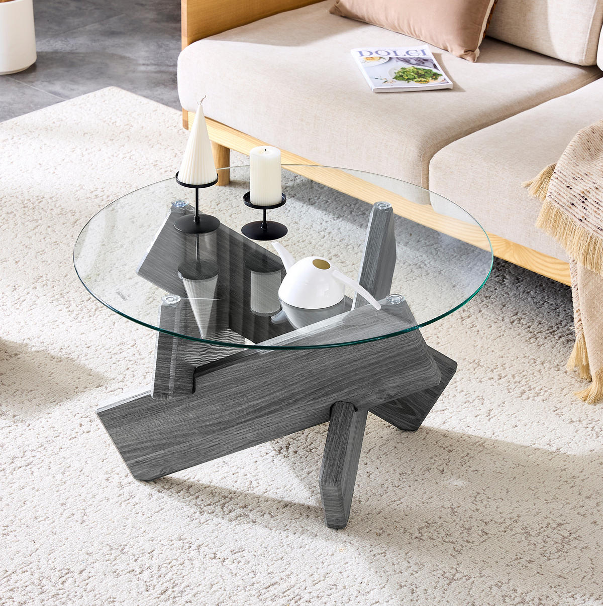 KLUBSKA miza, premer 79 cm, MDF/steklo siva transparentna - siva, leseni material (79/79/45cm) - BEAOK